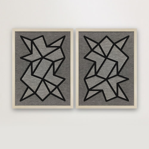 The abstract geometric composition creates imaginary perspectives. Modern woven textile decor, custom woven on a jacquard loom. 9 x 9 inches to 24 x 36 inches, framed or flush mounted onto panels.