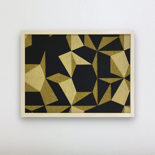 The abstract geometric composition creates imaginary perspectives. Modern woven textile decor, custom woven on a jacquard loom. 9 x 9 inches to 24 x 36 inches, framed or flush mounted onto panels.