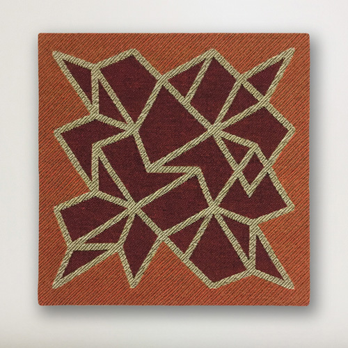 The abstract geometric composition creates imaginary perspectives. Modern woven textile decor, custom woven on a jacquard loom. 9 x 9 inches to 24 x 36 inches, framed or flush mounted onto panels.