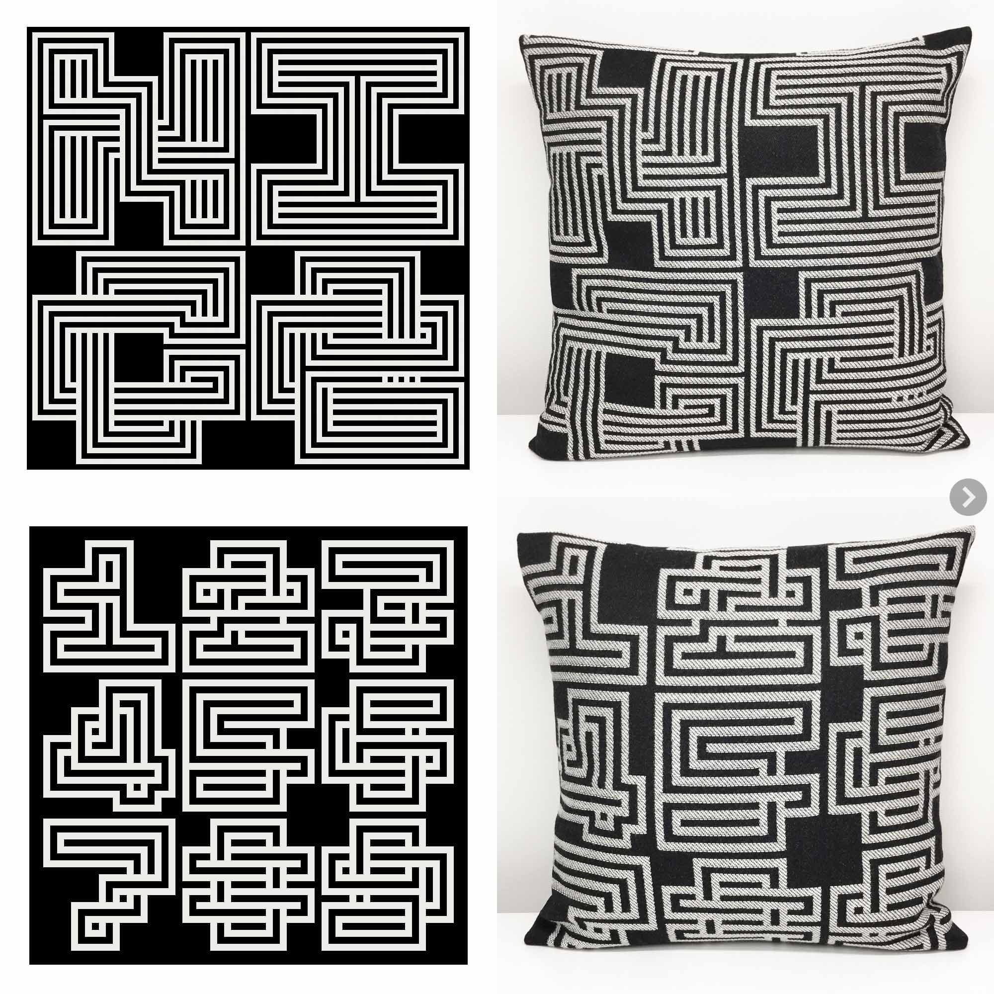 Abstract geometric pattterns, custom woven on a jacquard loom, create this modern woven textile decor. 12 x 12 inches to 18 x 18 inches.