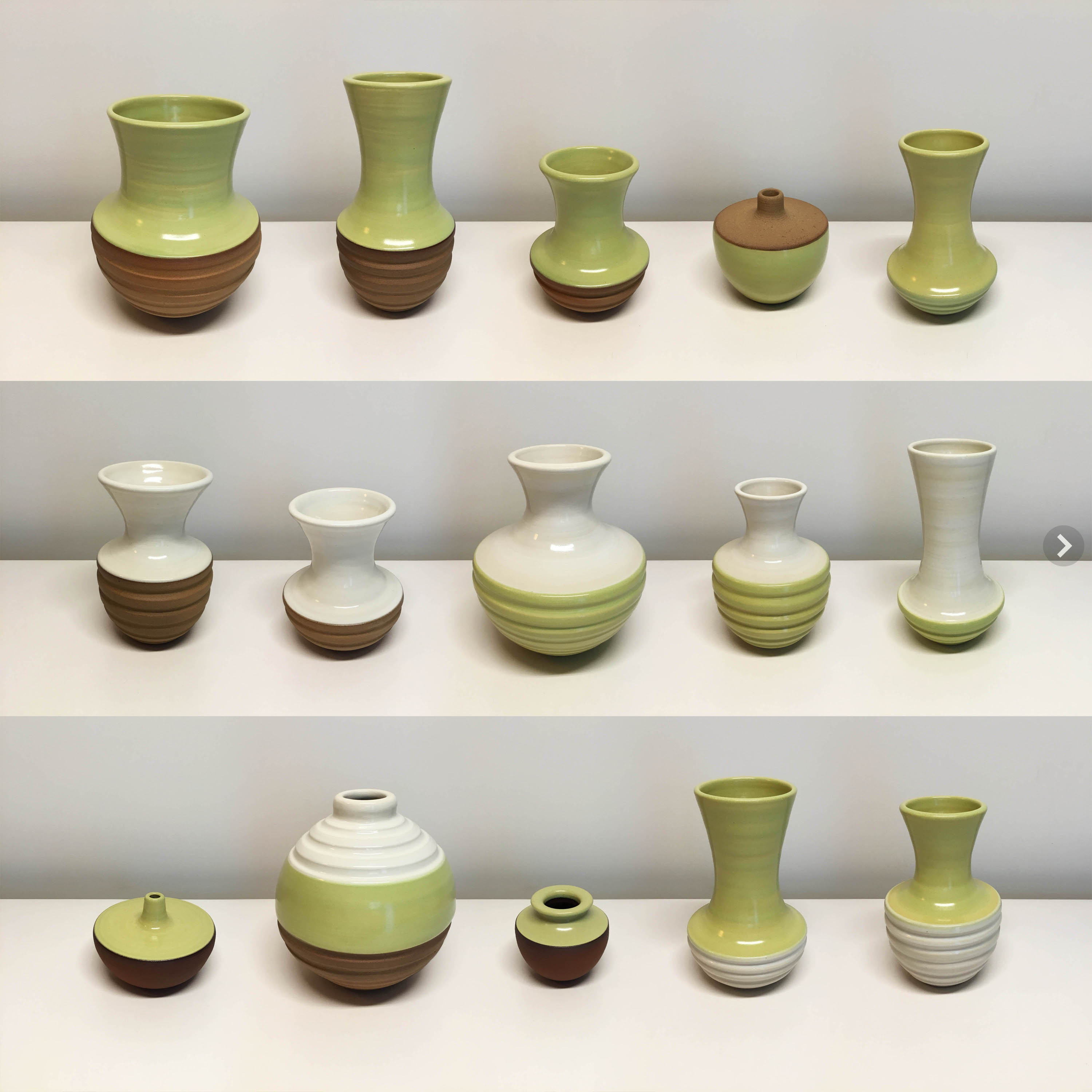 Handmade vases in a variety of bright glaze colors, complement mid-century modern decor. 3 to 12 inches tall, terra cotta or white stoneware, pottery decor.