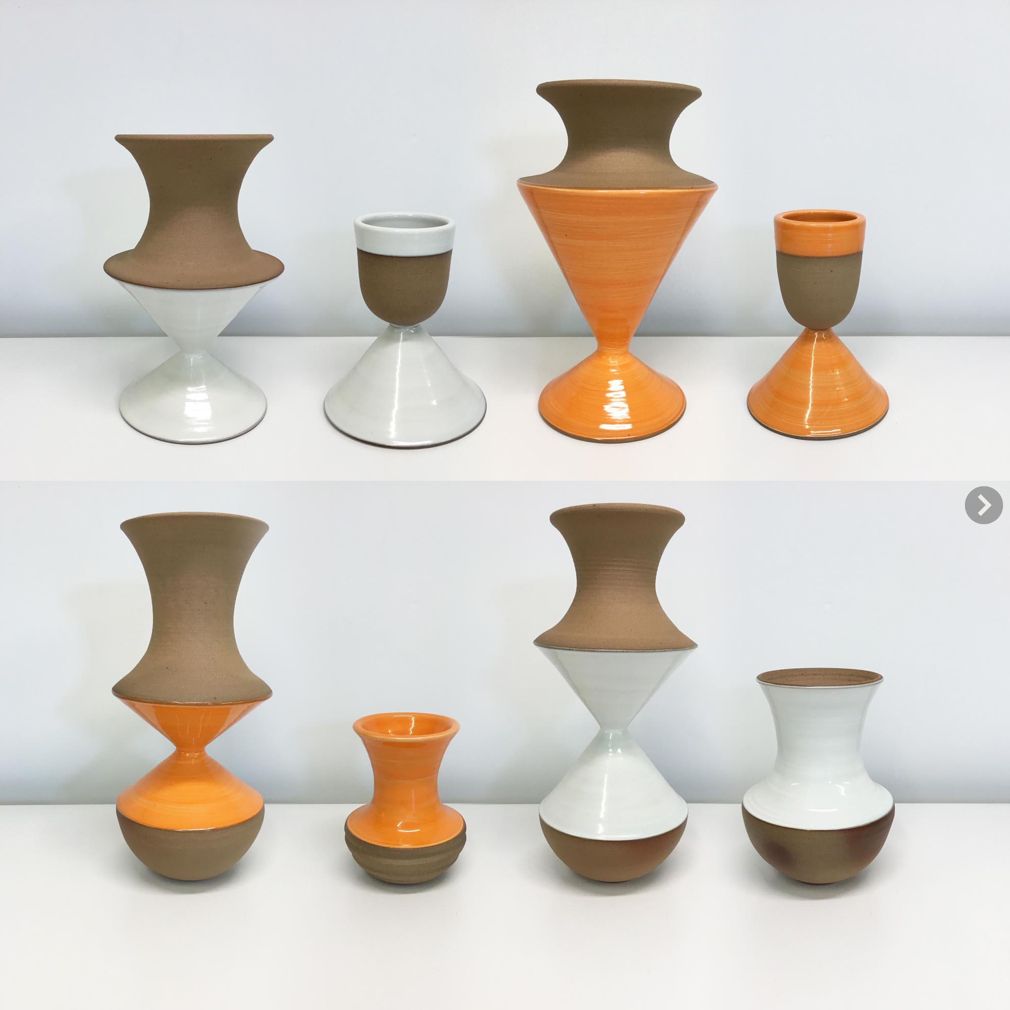 Handmade vases in a variety of bright glaze colors, complement mid-century modern decor. 3 to 12 inches tall, terra cotta or white stoneware, pottery decor.