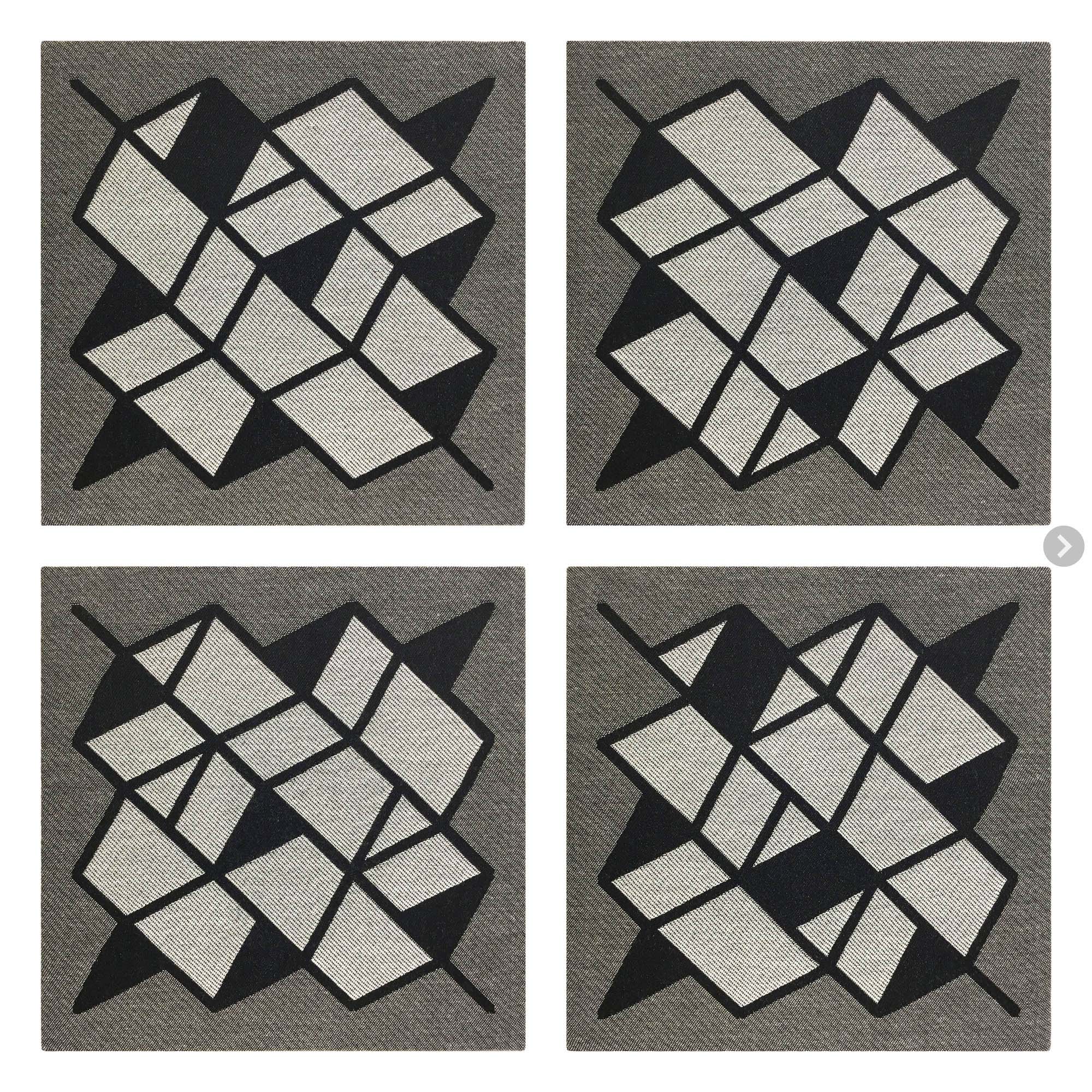 The abstract geometric composition creates imaginary perspectives. Modern woven textile decor, custom woven on a jacquard loom. 9 x 9 inches to 24 x 36 inches, framed or flush mounted onto panels.