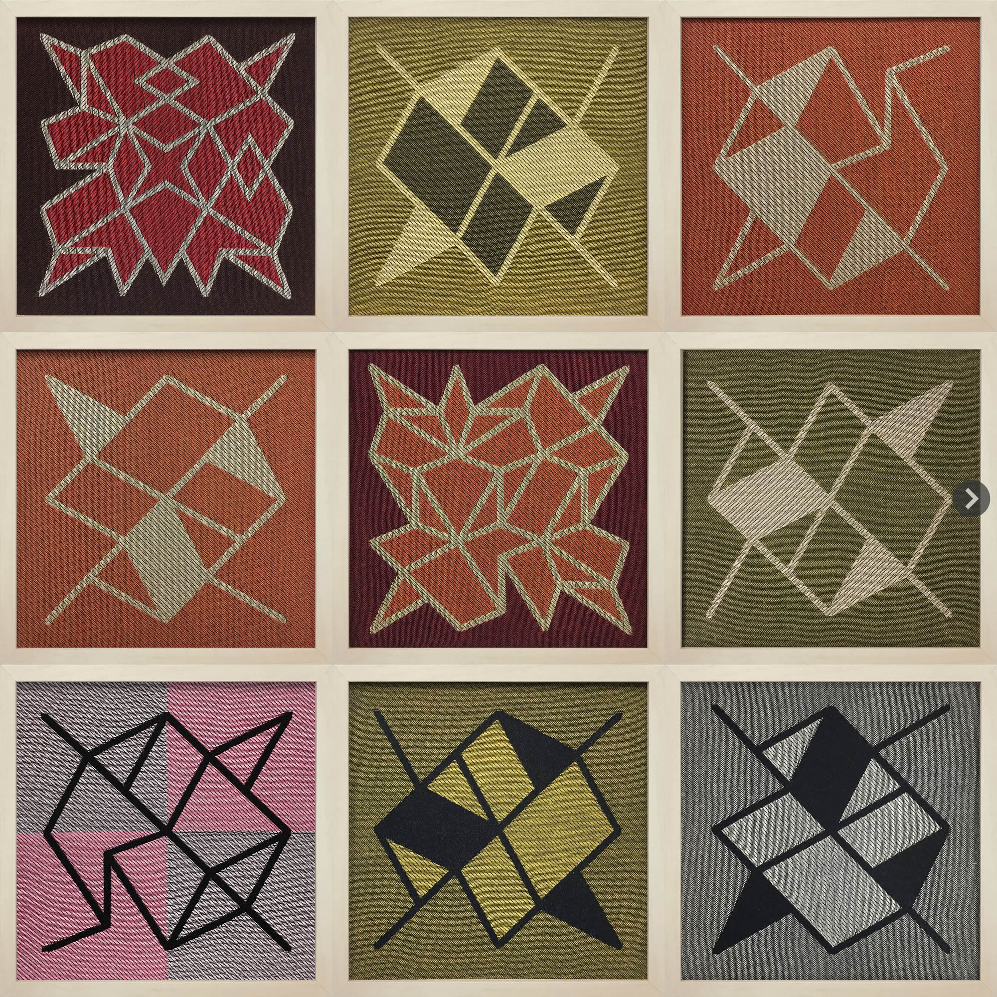 The abstract geometric composition creates imaginary perspectives. Modern woven textile decor, custom woven on a jacquard loom. 9 x 9 inches to 24 x 36 inches, framed or flush mounted onto panels.