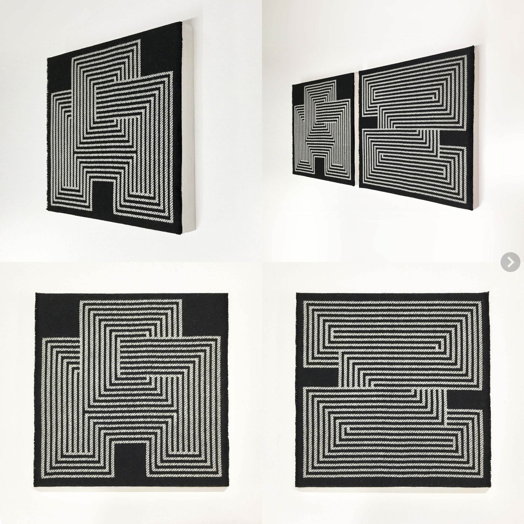 The abstract geometric composition creates imaginary perspectives. Modern woven textile decor, custom woven on a jacquard loom. 9 x 9 inches to 24 x 36 inches, framed or flush mounted onto panels.